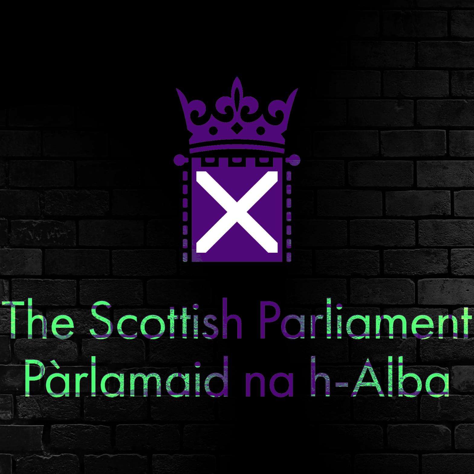 Scottish Parliament logo on black brick background.