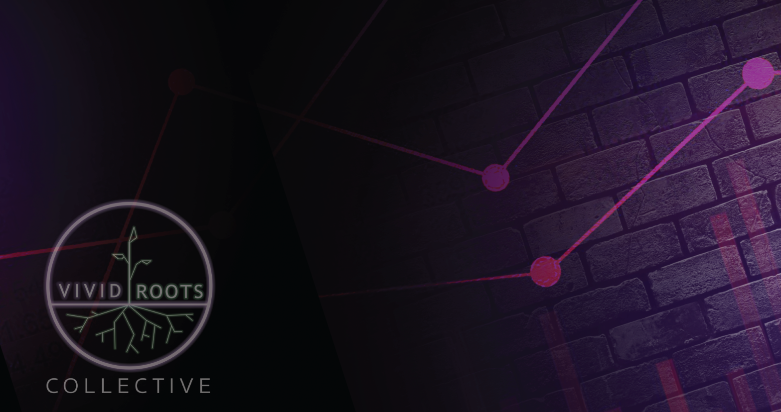 Dark purple brick background with pink line and bar graph overlay. Vivid Roots Collective logo in foreground (purple circle with a line cutting across horizontally. Above the purple 'earth' line is a green sapling shape, below the purple 'earth' line are green roots shapes).